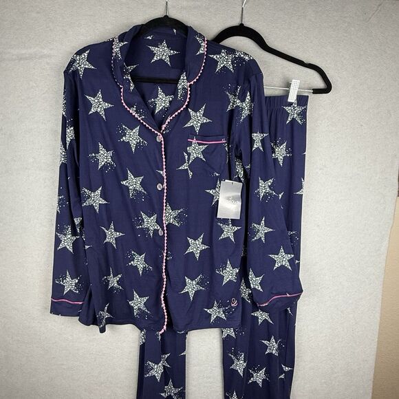 NWT Cuddl Duds Women's Ultra-Soft Printed Pink Collar Navy Stars Pajama Set Sz S - Picture 1 of 8